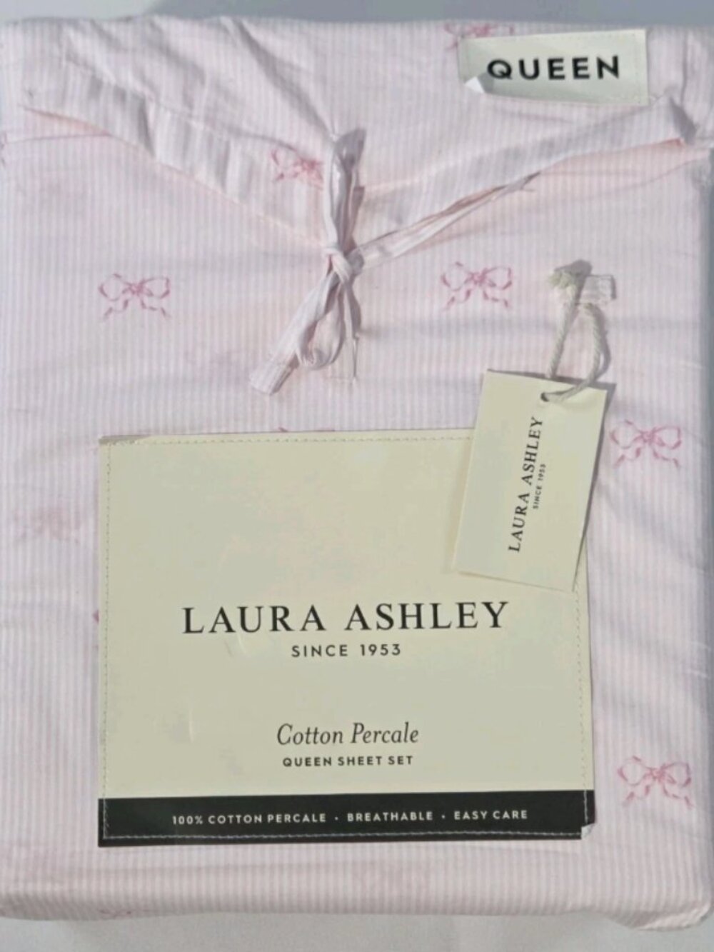 Laura Ashley Queen Sheet Set NWT Pink Bows White Stripe Cotton Percale Bedding